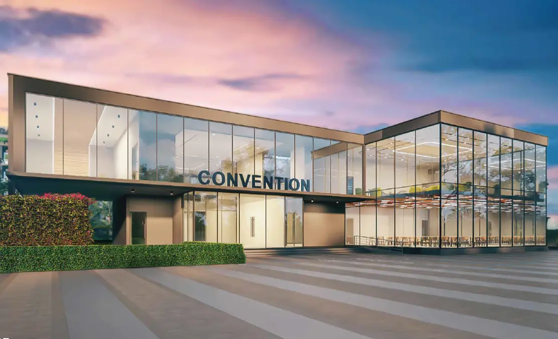 Convention centre at Ganga Realty Kashi Residences featuring modern glass architecture and premium community facilities in Gurugram